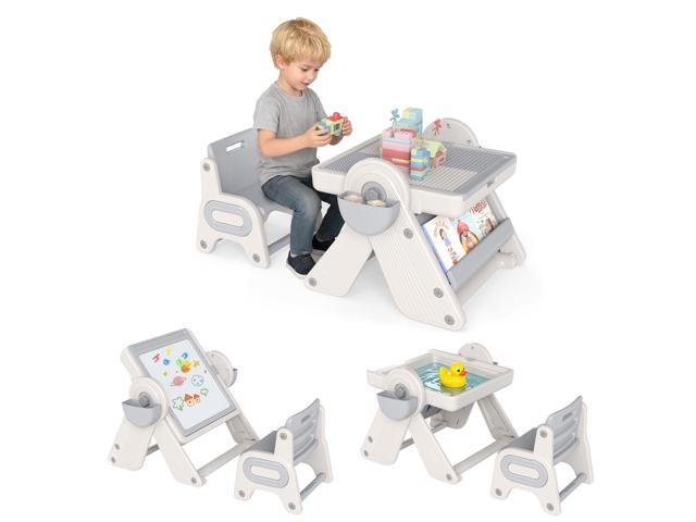 Kids Table and Chair Set, 9-in-1 Height Adjustable Art Easel w/Whiteboard, Building Block Tabletop, Bookshelf, Sand/Water Table, Storage, Folding.