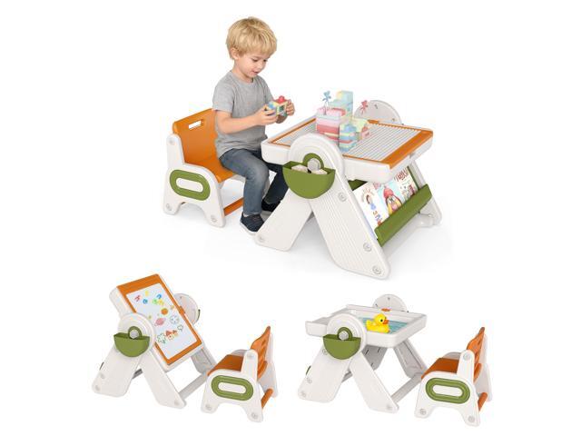 Kids Table and Chair Set, 9-in-1 Height Adjustable Art Easel w/Whiteboard, Building Block Tabletop, Bookshelf, Sand/Water Table, Storage, Folding.