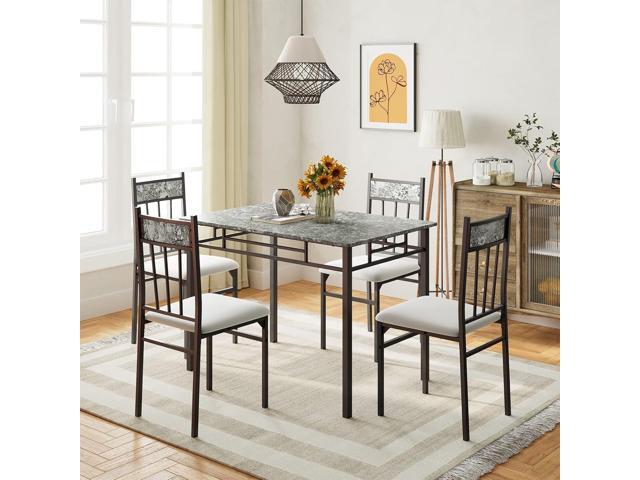 5-Piece Dining Table Set for 4, Kitchen Table and Upholstered Chairs Set with Faux Marble Tabletop & Metal Frame, Space-Saving Dinette Set for.
