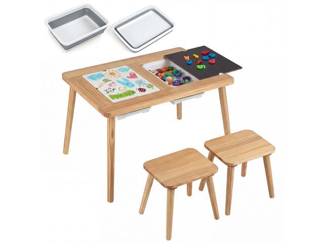 Toddler Sensory Table and Chairs, Wooden Table and Chair Set w/Double-Sided Boards & 2 Foldable Storage Bins, All-in-One Kids Activity Table for.