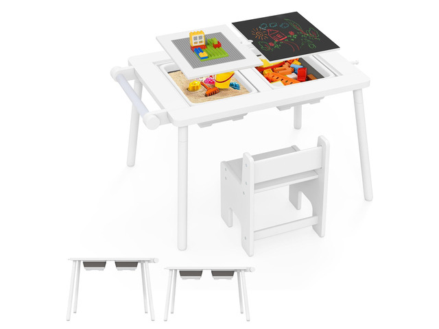 Kids Table and Chair, 6 in 1 Sensory Desk Set w/Storage Bins, White & Black Board, Building Blocks and Paper Roll for Drawing & Sand Water Playing,...