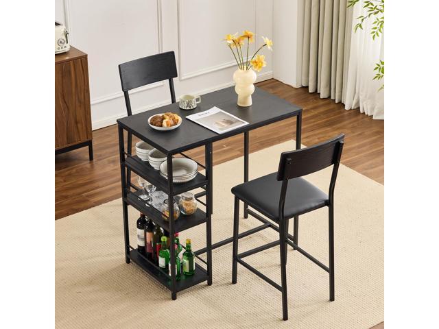 Dining Table Set for 2, Kitchen Breakfast Counter Height Small 3 Piece Bar Table and Chairs Set with Storage, Black