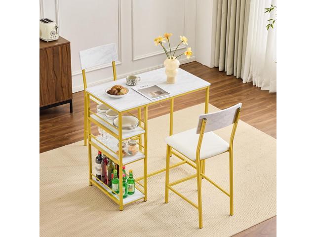 Dining Table Set for 2, Kitchen Breakfast Counter Height Small 3 Piece Bar Table and Chairs Set with Storage, White Imitation Marble, Golden Frame