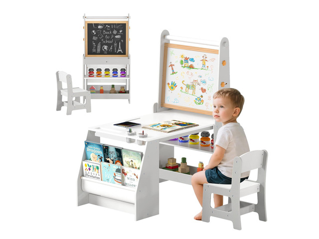 Kids Art Table, Wooden Arts and Crafts Activity Set w/Adjustable Magnetic Whiteboard & Chalkboard, Paper Roll, Bookshelves & Storage Shelves,...
