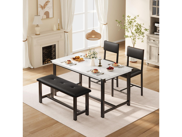 4-Piece Dining Table Set with Bench, Rustic Wood Table with Upholstered Chairs, Space-Saving Kitchen Table Set for Dining Room, Apartment, Small...