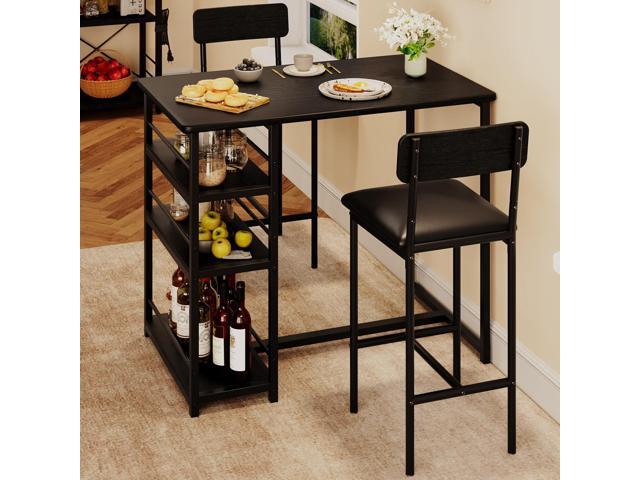 Dining Table Set for 2, Kitchen Table and Chairs for 2 with Upholstered Chairs, 3 Piece Counter Height Bar Kitchen Table Set with 3 Storage Shelves.