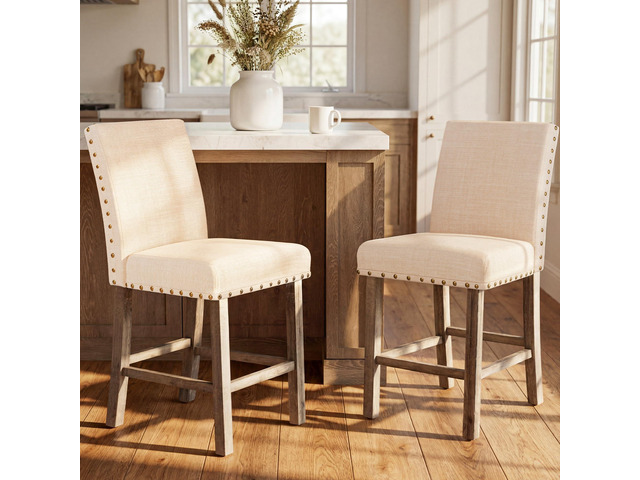 Bar Stools Set of 2, 25.5' Farmhouse Counter Height Barstools, Linen Upholstered Bar Chairs with Ergonomic Backrest and Wood Legs for Kitchen,...