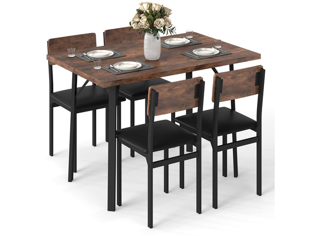 5-Piece Dining Table Set for 4, Industrial Kitchen Table and 4 PU Leather Upholstered Chairs with Metal Leg, Padded Seat, Space-Saving Dinette Set...