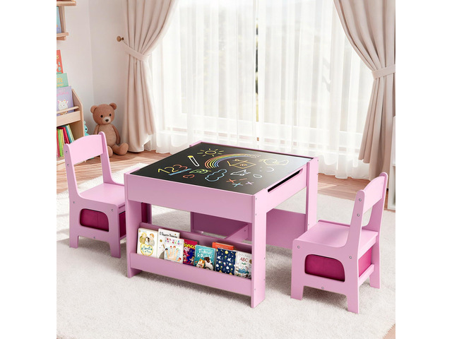 Kids Table and Chairs Set, 4 in 1 Toddler Art Desk with Storage Drawer, Wooden Activity Deskboard, Blackboard, Reversible & Detachable Tabletop,...