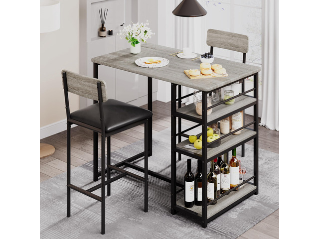 Bar Table and Chair Set with Three Shelves Small 2-Person Dining Table with 2 upholstered stools with backrests Suitable for Restaurants and...