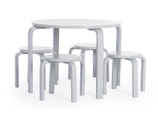 Nordic Table and Stools Set for Toddlers: Gray - Stacking Bentwood Stools with Curved Wood Activity Play Table - Toddler's Modern Kitchen, Playroom.