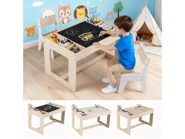 Table and Chairs for Kids 2-5, 4-1 Wooden Activity Desk Set w/Whiteboard, Chalkboard & Storage Cubes for Drawing, Crafting, Playing, Toddler Table...