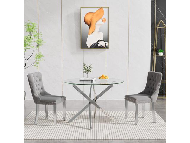 Round Glass Dining Table Set for 2, Circle Glass Kitchen Table Set Small Dining Room Set with 2 Dining Chairs for Kitchen Dining Room