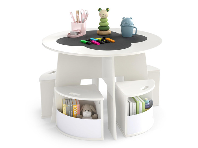 White Kids Table and Chair Set, Children Activity Play Table with 4 Storage Stools for Art Craft, Nesting Design Toddler Table and Chair Set for...