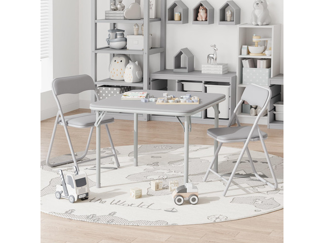 Boys and Girls Folding Table and Chairs Set of 3, Portable Table and Chair with PU Soft Cushion, Suitable for Eating, Reading and Playing-Grey
