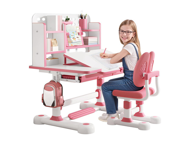Upgrade Kids' Desk & Chair Sets, 50-Degree Tiltable Desktop Height Adjustable Kids Table and Chair Set with Bookshelf Storage Drawer for Bedroom...