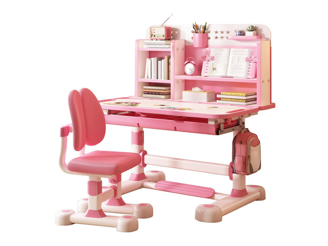 Upgrade Kid Desk and Chair Set, 50-Degree Tiltable Desktop Height Adjustable Kids Table and Chair Set with Bookshelf Storage Drawer for Bedroom...