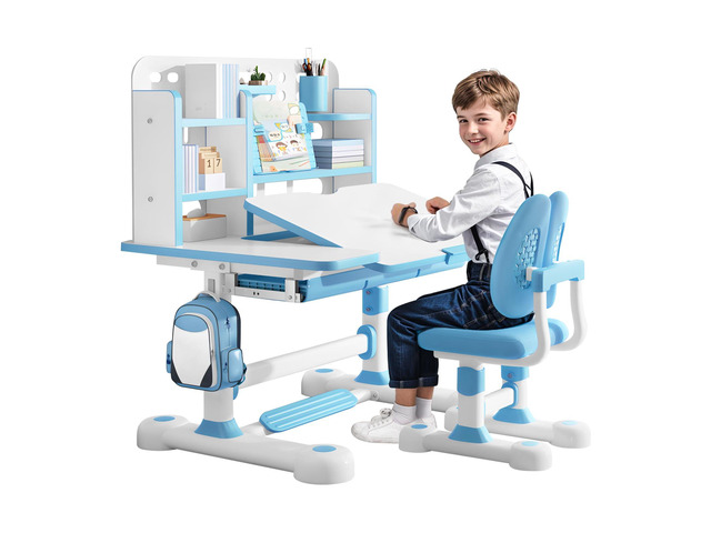 Upgrade Kids' Desk & Chair Sets, 50-Degree Tiltable Desktop Height Adjustable Kids Table and Chair Set with Bookshelf Storage Drawer for Bedroom...