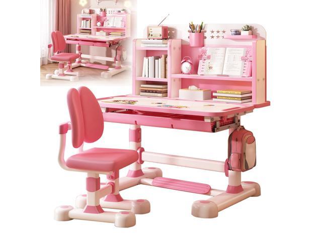 Small Desk, Kids Study Desk Chair Set, Height Adjustable Children School Study Table Chair Set with Sitting Corrector, Ergonomic Desk Chair with.
