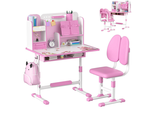 Small Desk, Kids Study Desk Chair Set, Height Adjustable Children School Study Table Chair Set with Sitting Corrector, Ergonomic Desk Chair with...