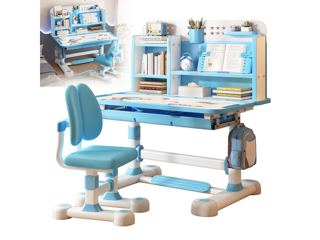 Small Desk, Kids Study Desk Chair Set, Height Adjustable Children School Study Table Chair Set with Sitting Corrector, Ergonomic Desk Chair with...