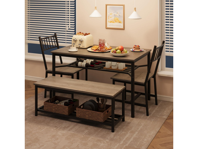 Dining Table Set for 4 with Bench and Chairs, 4-Piece Kitchen Table Set with Storage Space-Saving Dining Table for Apartments and Dining Rooms, Gray