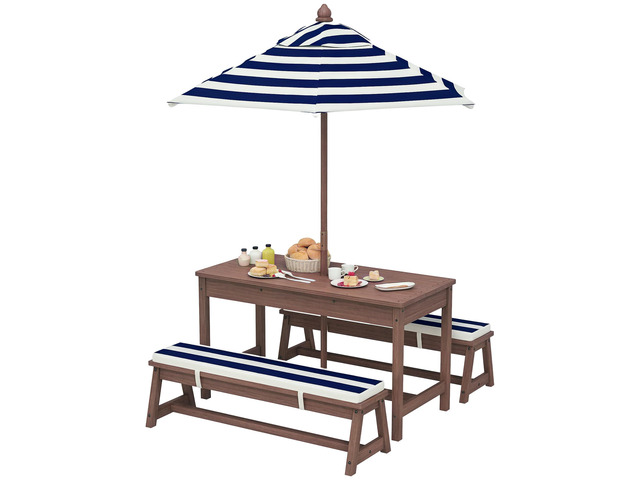 Kids Picnic Table, Outdoor Wooden Table & Bench Set with Cushions and Umbrella, Children Backyard Furniture for Patio, Garden, Navy Blue