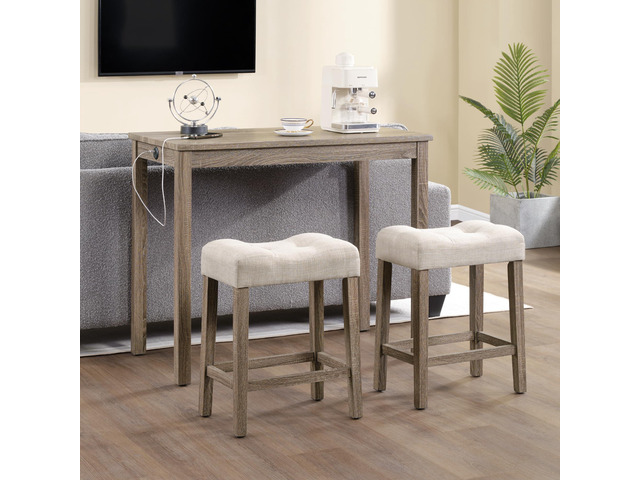 3 Piece Bar Table Set,Dining Bar Table and 2 Chairs Set with Charging Station Industrial Breakfast Table with 2 Padded Stools Rustic Bar Kitchen...
