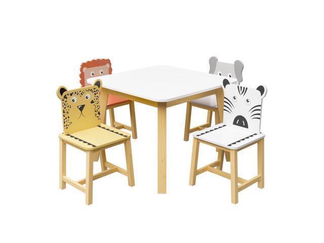 Kids Table and Chairs, Childrens Table and Chair Set of 5 Piece, Wooden Cartoon Animals Design, Ideal for Arts & Crafts, Gift for Ages 2+, White