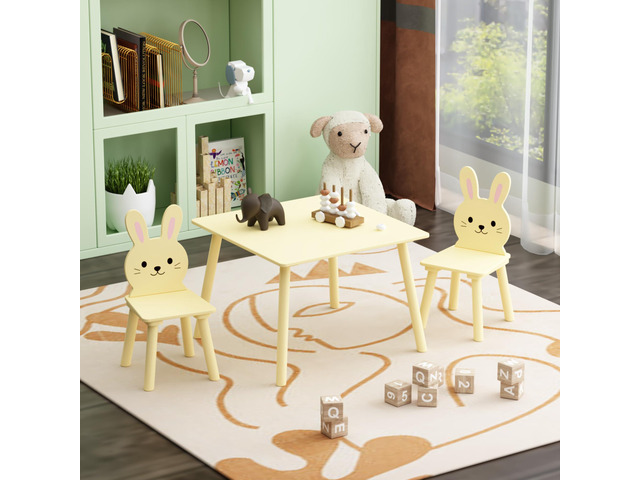 3 Piece Kids Table and Chairs Set, Wooden Toddler Desk with Bunny Backrest, Activity Play Table Set for Study, Drawing, Play, Boys & Girls Gift for...