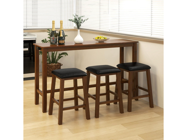 4-Piece Bar Table with Stools, Wooden Dining Bar Table & Chairs Set w/Power Outet, Kitchen Console Table w/ 3 Upholstered Stools for Living Room,...