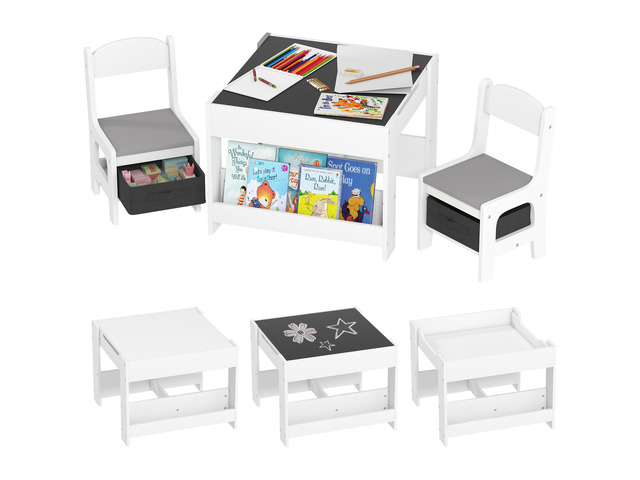 3 Piece Kids Table and Chair Set, 4 in 1 Toddler Wooden Activity Table with Reversible Tabletop Blackboard, Storage & Bookshelves for Playroom,...
