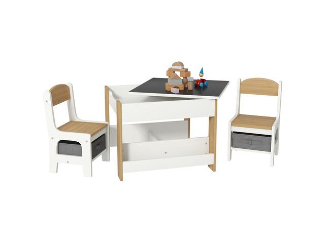 3 Piece Kids Table and Chair Set, 4 in 1 Toddler Wooden Activity Table with Reversible Tabletop Blackboard, Storage & Bookshelves for Playroom,...
