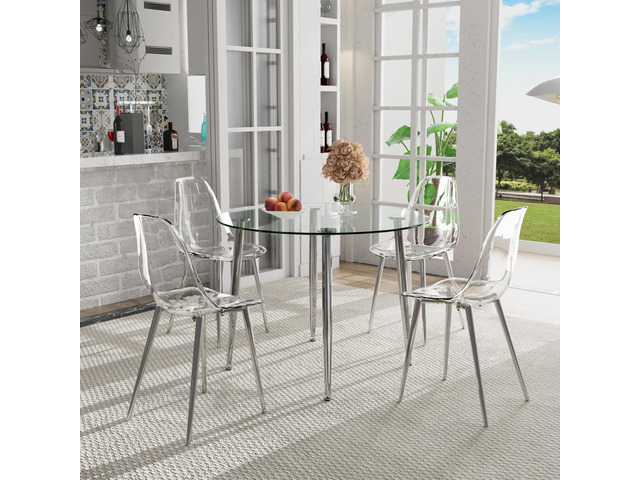 Silver Clear Round Glass Dining Table Set for 4, 36'' Small Minimalist Circle Kitchen Set, 5 Piece Modern Luxury Circular Dinner Room Set, Clear...