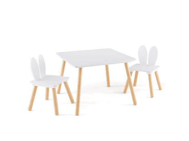Kids Table and Chair Set, Children Wooden Activity Table & 2 Chairs Set, Solid Wood Legs, Easy Assembly, 3 Piece Rabbit Themed Toddler Furniture...