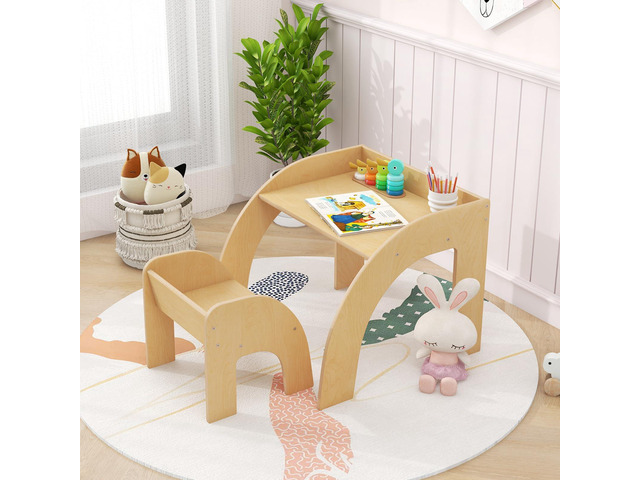 Kids Table and Chairs, Montessori Weaning Wooden Desk and Chair w/Wide Tabletop, Curved Edges, Space-Saving Design for Kids' Room, Nursery and...