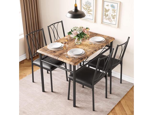 Farmhouse Wooden Dining Table Set for 4, Rectangular Kitchen Table with 4 Upholstered Chairs, 5 Piece Small Table and Chairs Set for Apartments,...