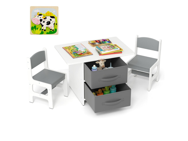 Kids Table and Chair Set, Wood Activity Table w/Toy Storage Baskets, Jigsaw Puzzle for Arts, Crafts, Reading, Children Playset Furniture for...