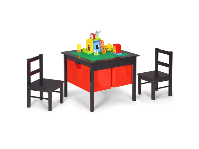 Kids Table and Chairs, 2 in 1 Wooden Activity Desk w/Building Block Double-Sided Tabletop & 2 Large Storage Drawers, Toddler Table and Chair Set...