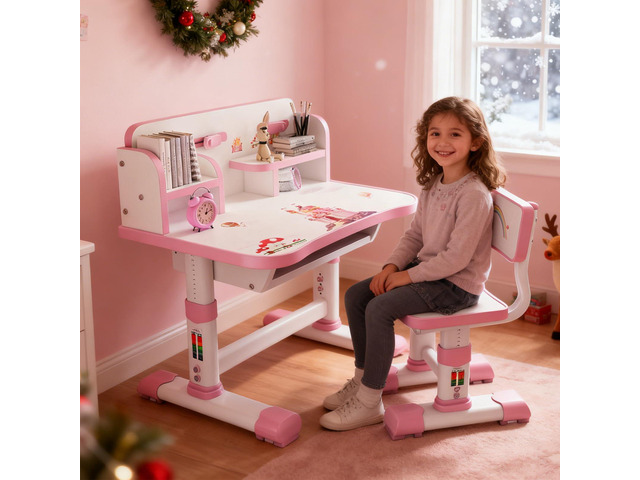 Kids Functional Desk and Chair Set, Height Adjustable Children School Study Table Chair Set with Cartoon Pattern, Ergonomic Desk Chair with Large...