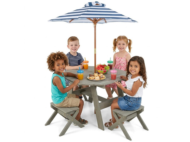 Kids Picnic Table, Fir Wood Octagon Kids Table and Chair Set with Removable Umbrella, Toddler Activity Table for Backyard, Garden, Patio, Kids...