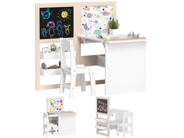 Kids 3 in 1 Art Table and Chair with Storage Shelves, Foldable Blackboard, Whiteboard & Roll Paper, Toddler Table and Chair Set for 3-8 Years, White