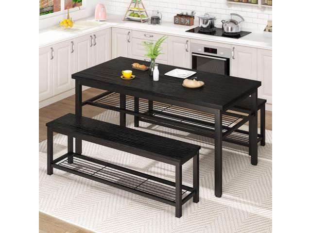 43.3' Dining Table Set for 4, Kitchen Dining Table with 2 Benches, Dining Room Table Set with Metal Frame & Storage Rack for Kitchen, Restaurant,.