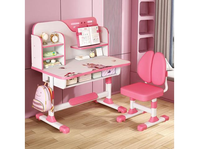 Kids Desk and Chair Set, Children School Study Table Chair Set, Ergonomic Desk Chair with Large Writing Board, Bookshelf and Drawer Pink, 3888199