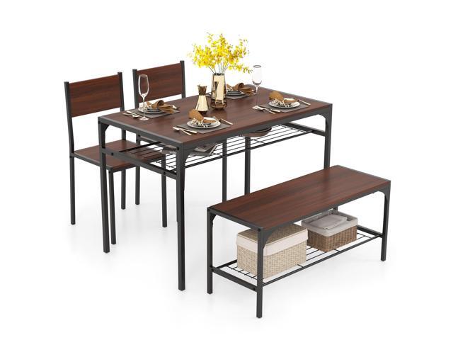 4-Piece Dining Table Set for 4, Industrial Kitchen Table with 2 Chairs and Bench, Space-Saving Dinette Set with Metal Frame and Storage Rack for.