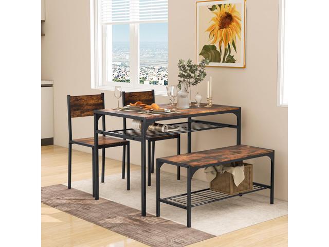4-Piece Dining Table Set for 4, Industrial Kitchen Table with 2 Chairs and Bench, Space-Saving Dinette Set with Metal Frame and Storage Rack for...