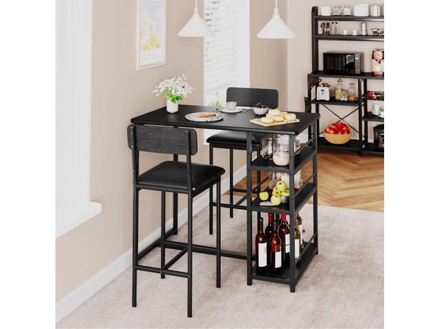 Bar Table Set for 2 with 3 Storage Shelves, Space-Saving Kitchen Table & Chairs with PU Cushions, Thick MDF Wood Top and Steel Frame for Apartment...