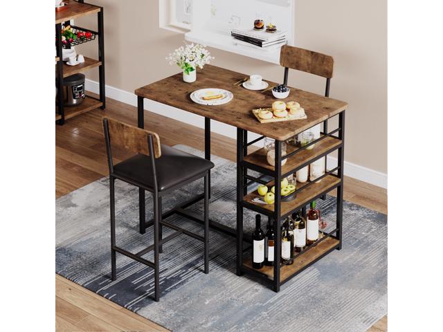 Bar Table Set for 2 with 3 Storage Shelves, Space-Saving Kitchen Table & Chairs with PU Cushions, Thick MDF Wood Top and Steel Frame for Apartment.