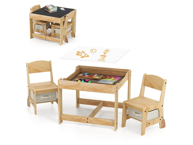 Kids Table and Chairs, 3-in-1 Children Sturdy Wooden Activity Set w/Storage Drawers, Removable Double-Sided Tabletop, for Art, Craft, Drawing,...