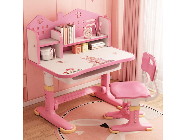 Kids Desk and Chair Set with Castle Backboard - Height Adjustable Children's Study Table with Storage Drawer & Bookstand, Widened Desktop &...